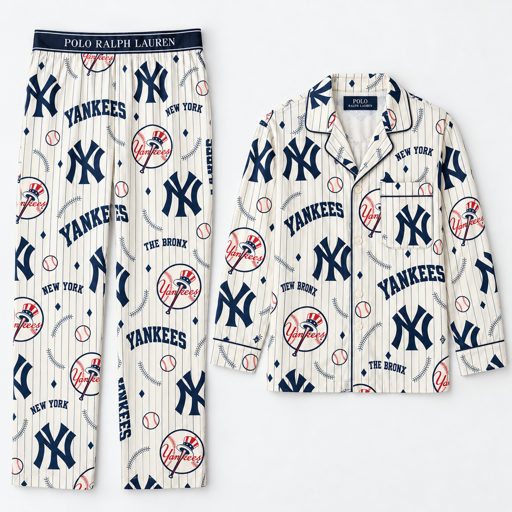Premium NYY Women's Printed Button-Up Pajama Set HTTT